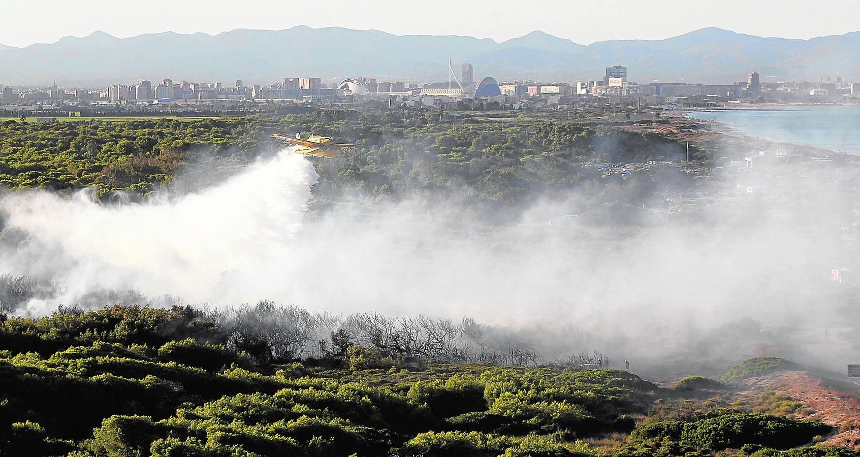 Imagen de las labores de extinción en el incendio que ayer se declaró en la Devesa de El Saler.