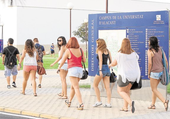 Un grupo de estudiantes llega al campus de la Universitat d'Alacant. :: Alex Dominguez 