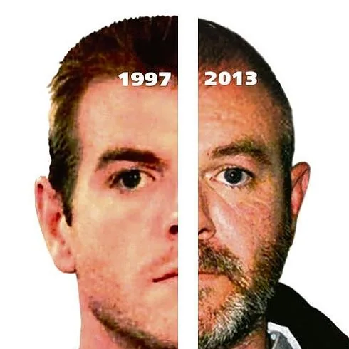 Montaje con dos fotografías de los rostros de Miguel Ricart que fueron realizadas entre 1997 y 2013 cuando fue juzgado y salió de la prisión de Herrera de la Mancha.