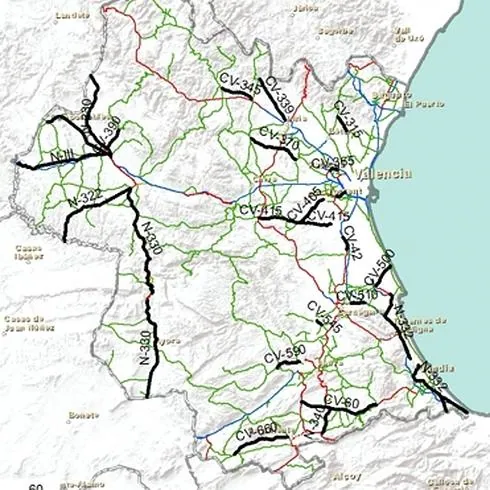 Mapa de radares de velocidad en Valencia, en tramos de especial vigilancia en carreteras de tipo secundario.