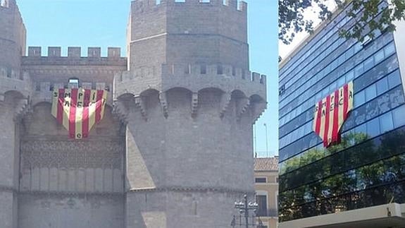 El Penó de la Conquesta, en las Torres de Serranos y la Facultad de Filología.