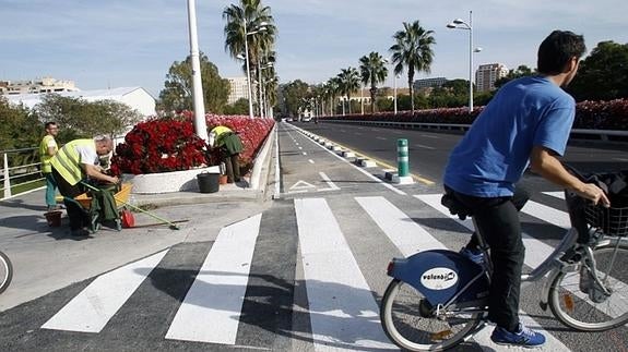 Obras en el carril bici del puente de la Flores de Valencia.