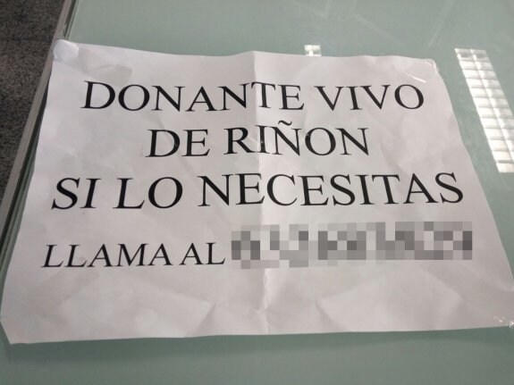 Uno de los carteles que el hombre puso por varios puntos de Valencia ofreciendo su riñón. :: lp