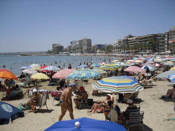 Playa de Torrevieja repleta de sombrillas durante una jornada estival. :: r. a.