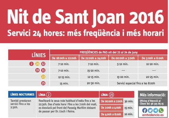 Servicio 24 horas de EMT para la Noche de San Juan en Valencia