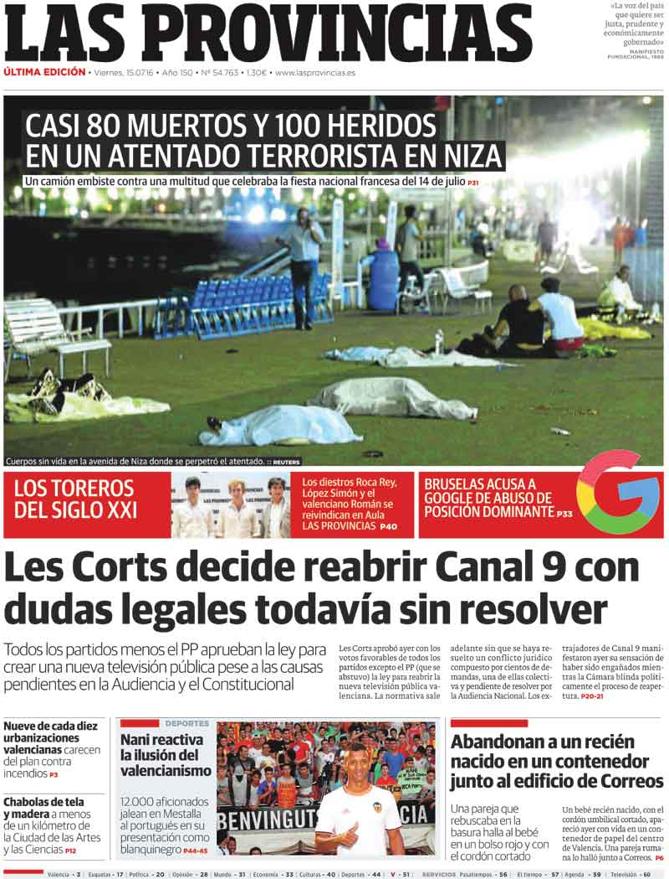 Portada de LAS PROVINCIAS del viernes 15 de julio de 2016