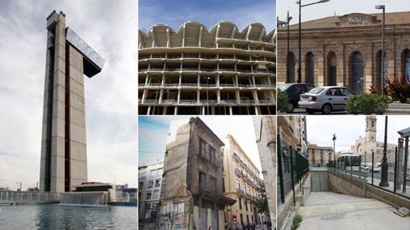 La Torre Miramar, Nou Mestalla, la estación del Grao, la Casa del Relojero y el parking de la plaza de Ciudad de Brujas.