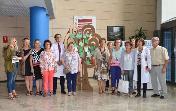 Representantes del Hospital y de las asociaciones de Alzheimer junto al árbol instalado en el centro sanitario. :: lp