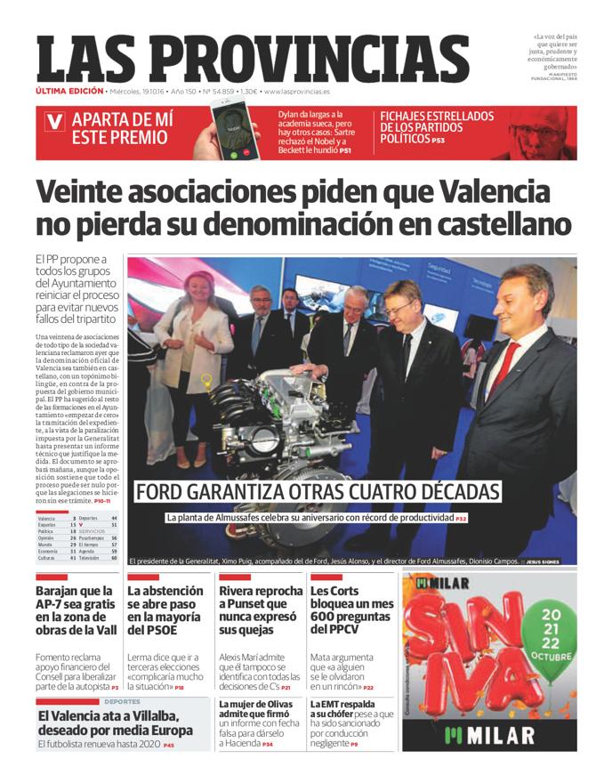 Portada de LAS PROVINCIAS del miércoles 19 de octubre de 2016