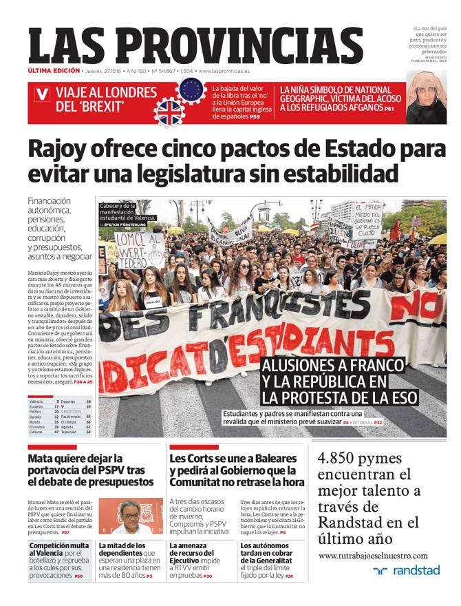 Portada de LAS PROVINCIAS del jueves 27 de octubre de 2016