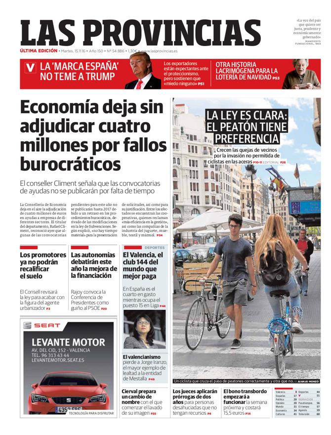 Portada de LAS PROVINCIAS del martes 15 de noviembre de 2016