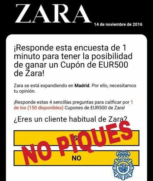La Policía alerta de una falsa encuesta de Zara en Twitter
