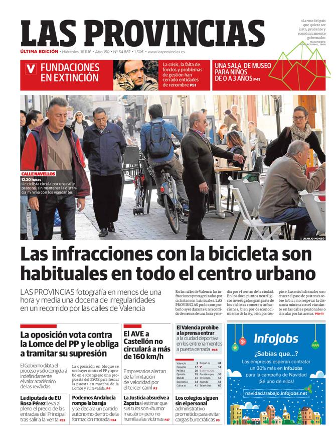 Portada de LAS PROVINCIAS del miércoles 16 de noviembre de 2016