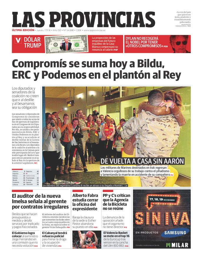 Portada de LAS PROVINCIAS del jueves 17 de noviembre de 2016