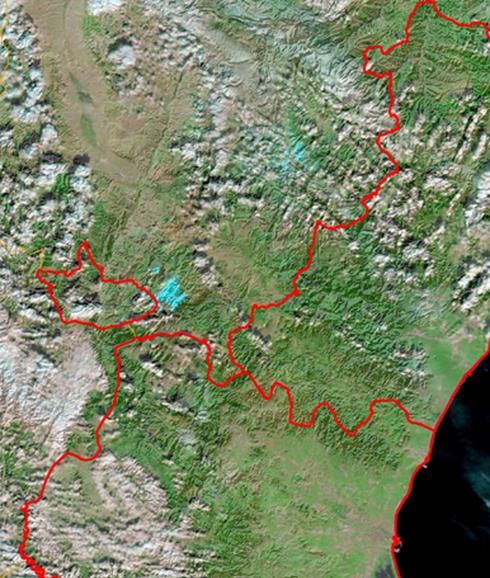 La zona nevada (en azul), junto a la Puebla de San Miguel, en el Rincón de Ademuz.