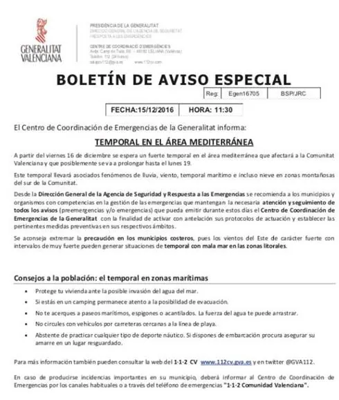 Boletín de aviso especial por el temporal en la Comunitat Valenciana.