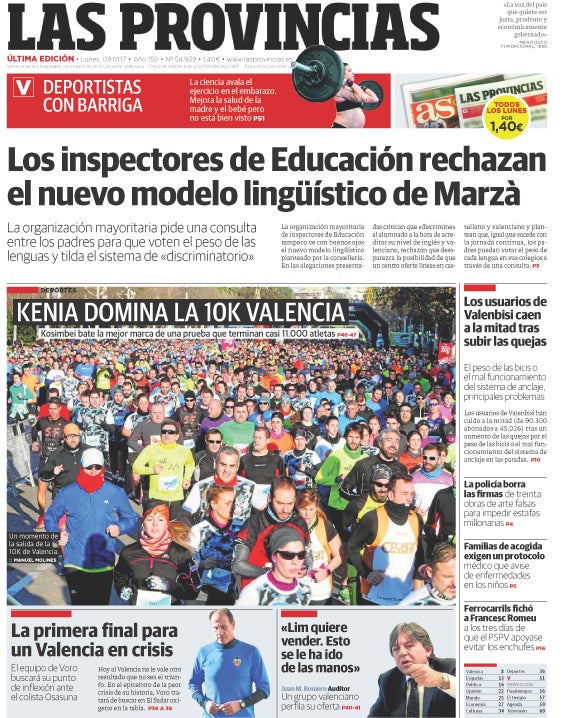 Portada de LAS PROVINCIAS del lunes 9 de enero de 2017
