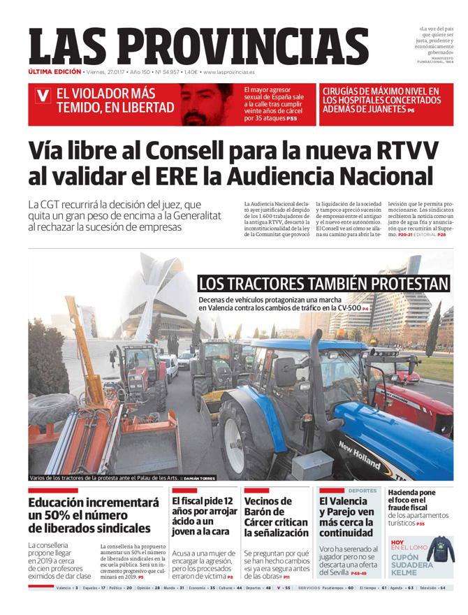 Portada de LAS PROVINCIAS del viernes 27 de enero de 2017