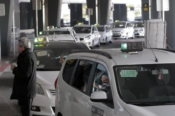 Cola de taxistas esperando a pasajeros, ayer en la parada del aeropuerto de Valencia. :: irene marsilla