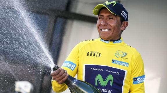 Nairo Quintana celebra la victoria en la Volta a la Comunitat Valenciana.