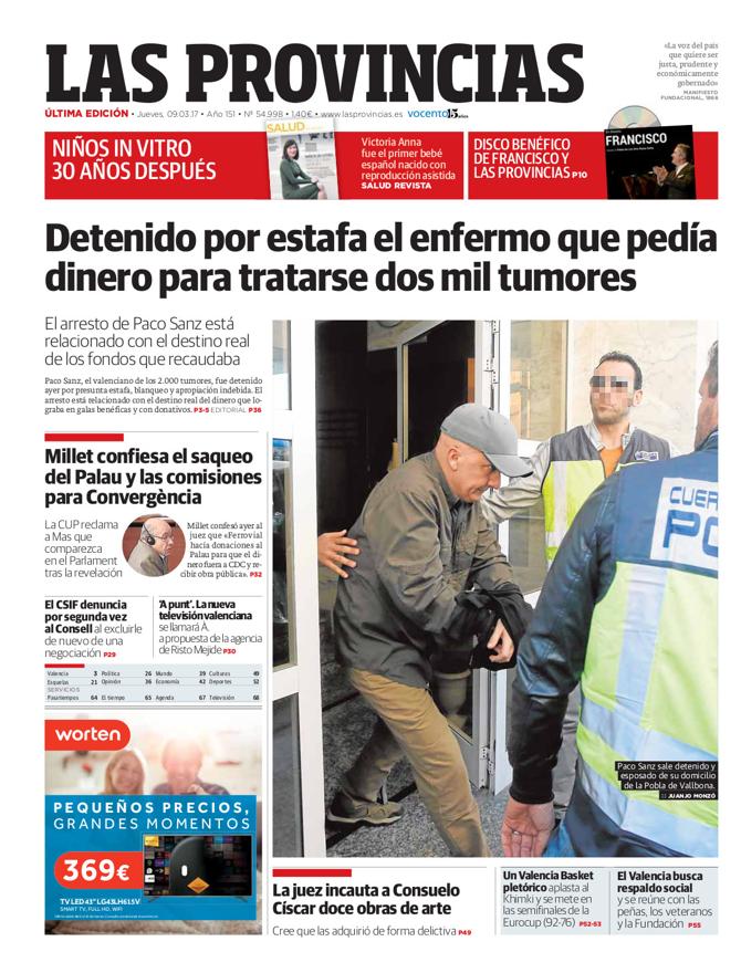 Portada de LAS PROVINCIAS del jueves 9 de marzo de 2017