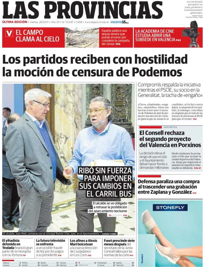 Portada de LAS PROVINCIAS del viernes 28 de abril de 2017