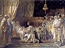 El rey don Jaime, en el lecho de muerte, entrega la espada a su hijo. Cuadro de Ignacio Pinazo. Museo del Prado.
