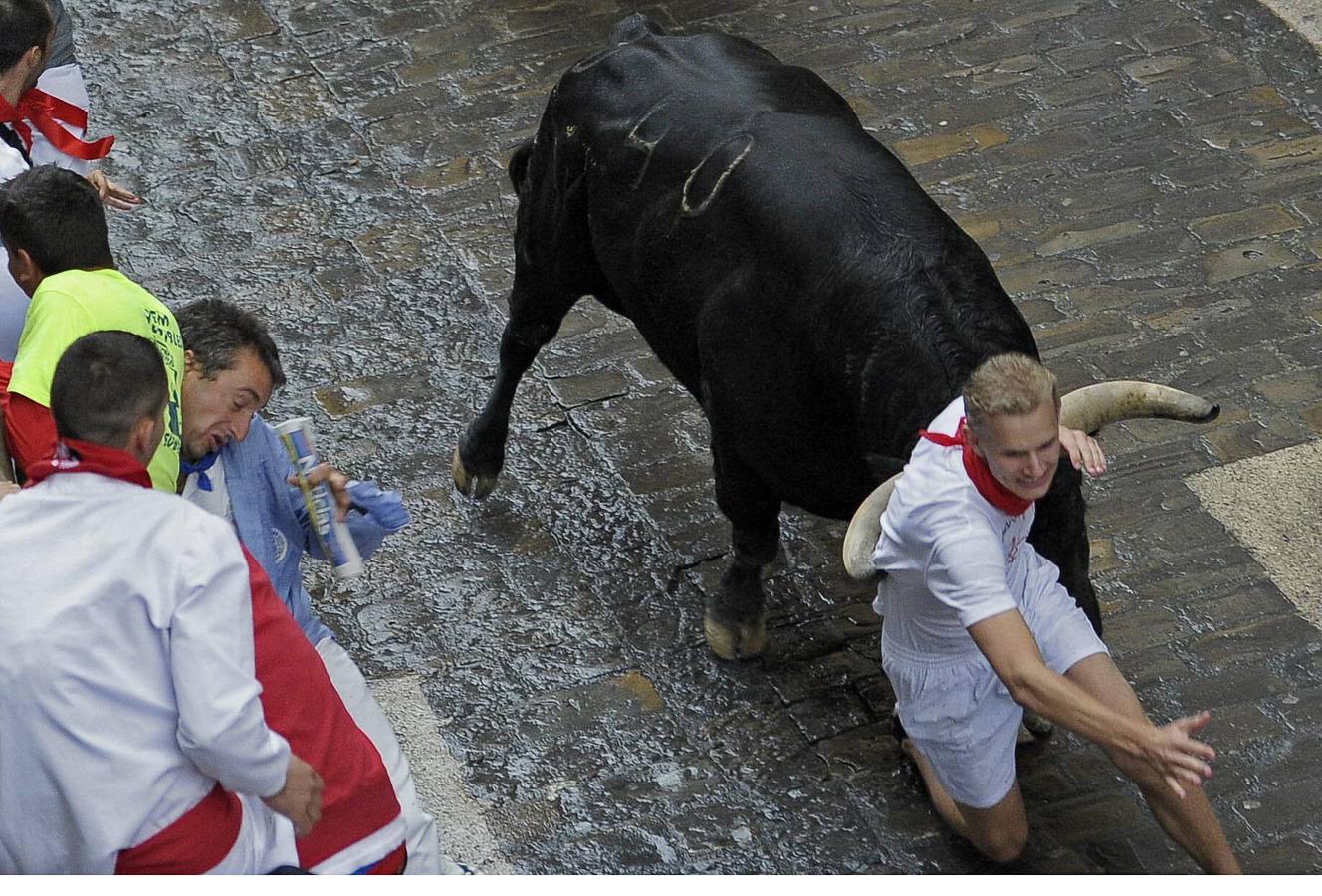 Los Fuente Ymbro, nobles y rápidos. El encierro, a pesar de la lluvia y de la multitud de mozos, ha dejado bonitas carreras.