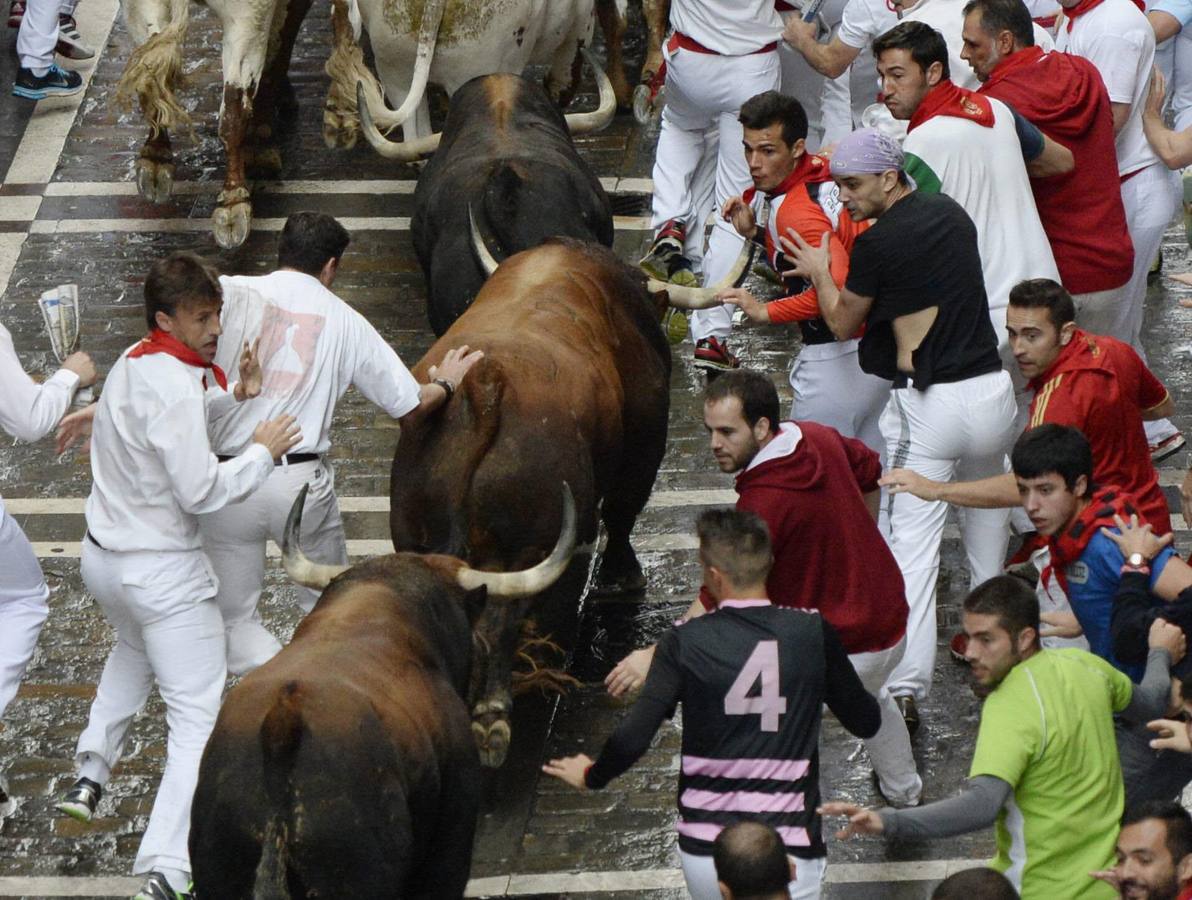 Los Fuente Ymbro, nobles y rápidos. El encierro, a pesar de la lluvia y de la multitud de mozos, ha dejado bonitas carreras.