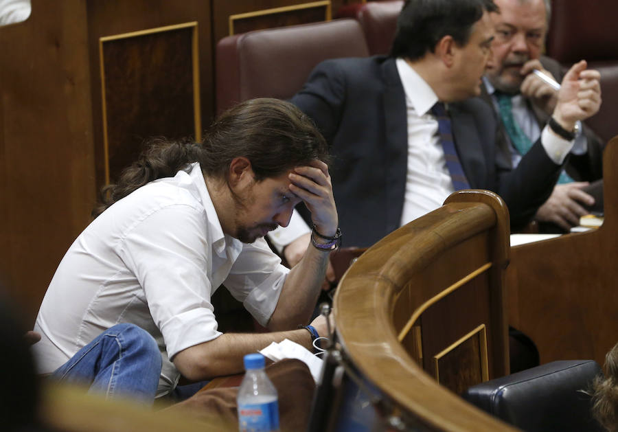 El líder de Podemos, Pablo Iglesias, durante la sesión de la tarde.