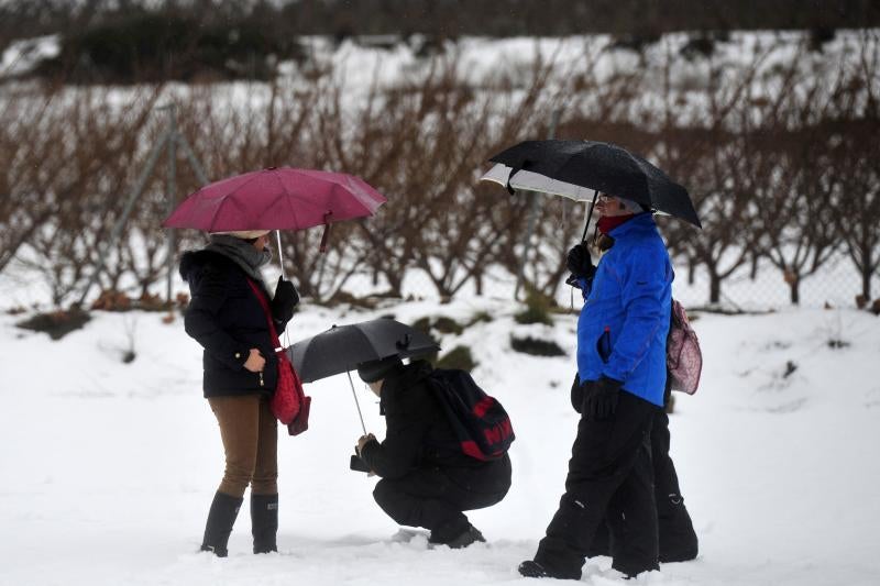 Varias personas entre la nieve de Bullas.