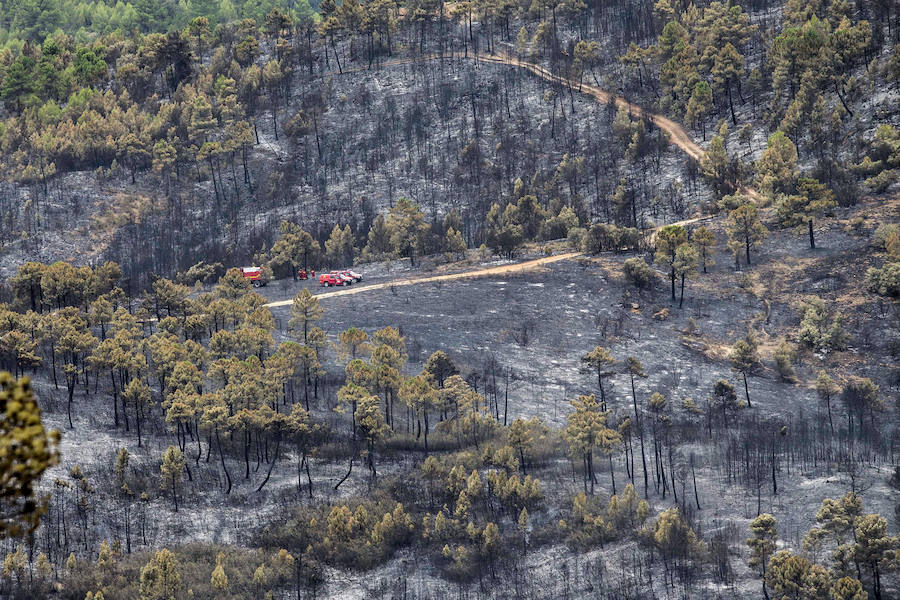 Los bomberos forestales que desde el pasado jueves luchan contra las llamas en el incendio de Yeste (Albacete) tienen previsto acotar el fuego este miércoles.