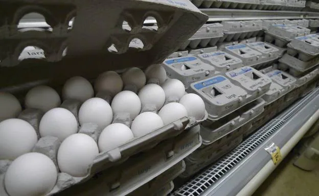 Cajas de huevos en la estantería de un supermercado.