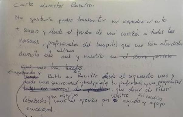 La carta de agradecimiento al personal del hospital de Basurto.