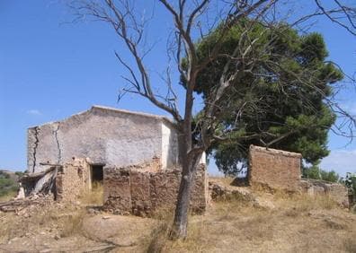 Imagen secundaria 1 - El pico de la cara norte del Talayón asoma sobre las lomas más bajas, una casa abandonada en la sierra y un revolcadero de jabalíes.