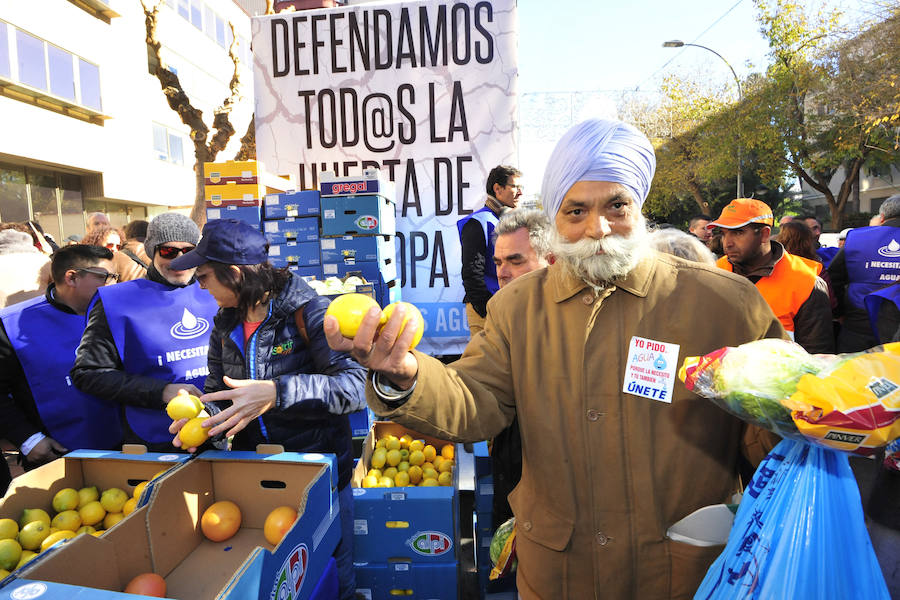 Los regantes protagonizaron este miércoles una masiva protesta que contó con el apoyo de los cuatro partidos políticos con representación parlamentaria -PP, PSOE, Podemos y Ciudadanos- en la concentración frente a la sede de la Confederación Hidrográfica del Segura y la posterior manifestación por la Gran Vía de Murcia hasta la Delegación del Gobierno.