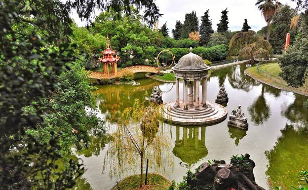 El lago grande de la villa de Pegli, con el templo de Diana, donde llegan las almas purificadas tras atravesar el infierno.