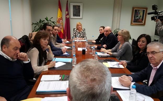 La consejera de Familia, Violante Tomás (c), ayer con representantes de las organizaciones firmantes del Pacto por la Dependencia.