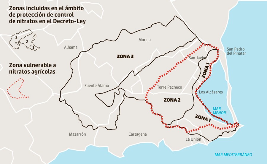 Zonas incluidas en el ámbito de protección de control de nitratos en el Decreto-Ley del Mar Menor