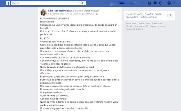 Una madre de Cartagena se hace viral al pedir amigos en internet para su hija con discapacidad