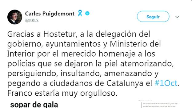 Reproducción del tuit escrito ayer por Puigdemont.