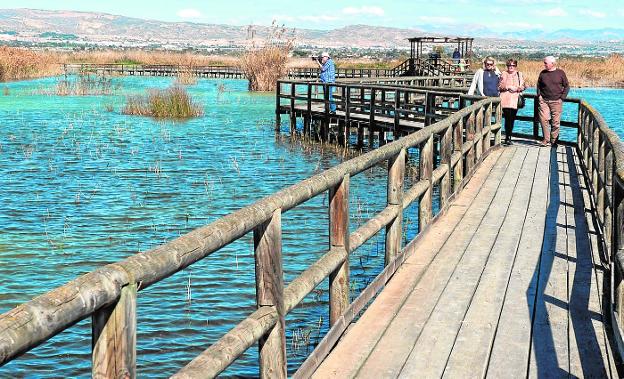 Unos turistas recorren la pasarela sobre la laguna de El Rincón.