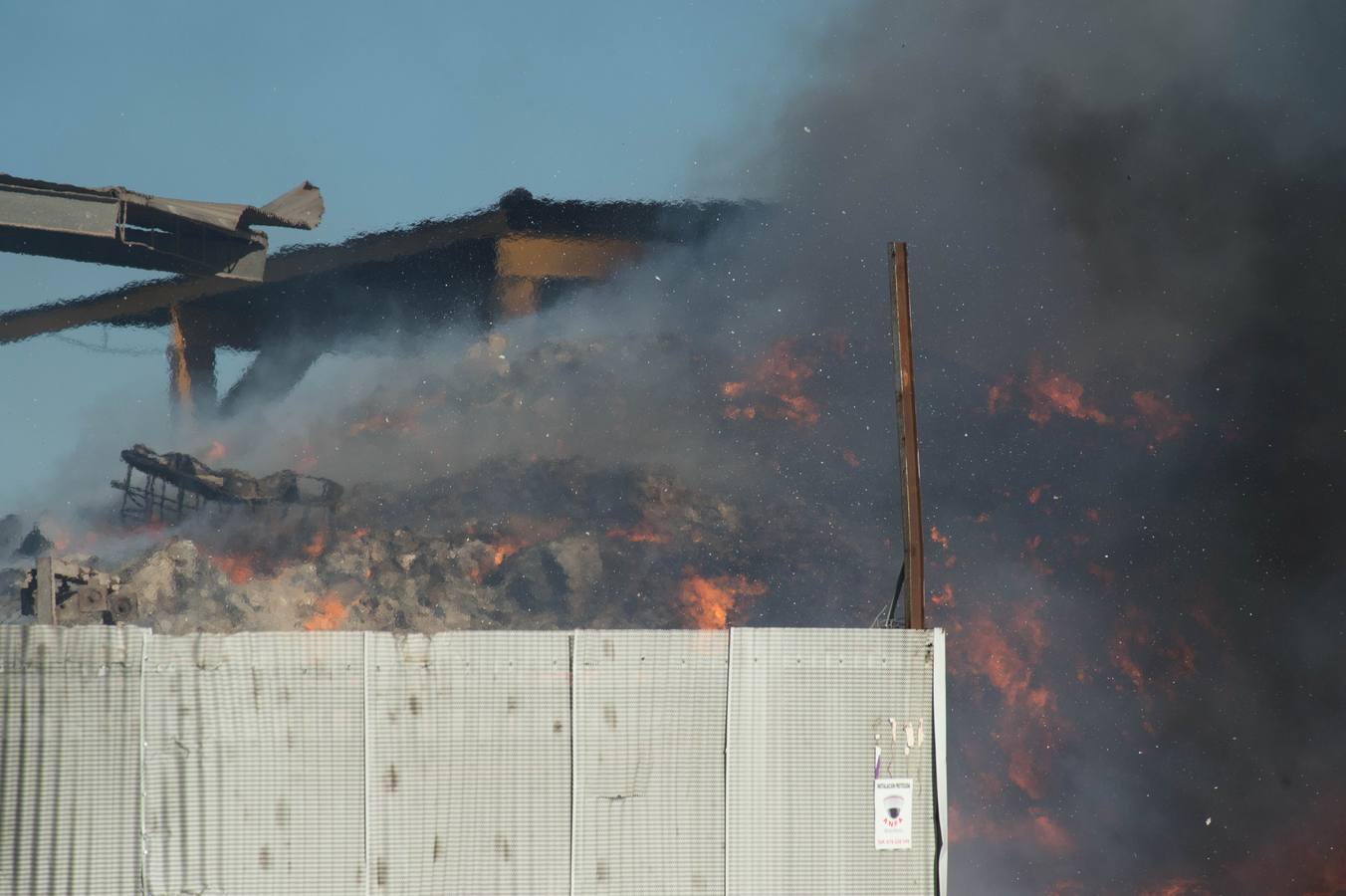 Los bomberos trabajan en la extinción de un incendio en una empresa de reciclaje de residuos en Santomera que ha originado una gran columna de humo a primera hora de la tarde, alrededor de las 16.30 horas de este miércoles.