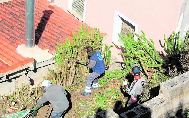 Tres operarios trabajan en las labores de limpieza y desescombro.