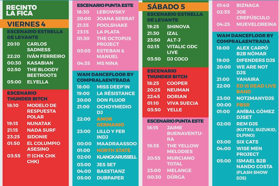 Los horarios del festival.