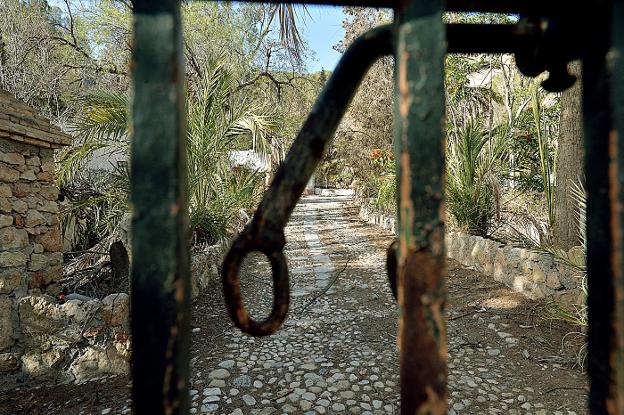 Paseo de entrada del Escarambrujo, repleto de palmeras, desde la cancela de hierro junto a la carretera de La Parroquia
