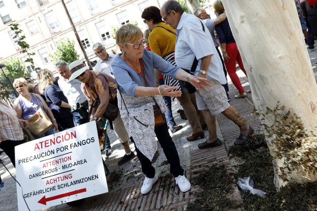 Una mujer arroja algas y fango a la puerta de San Esteban.