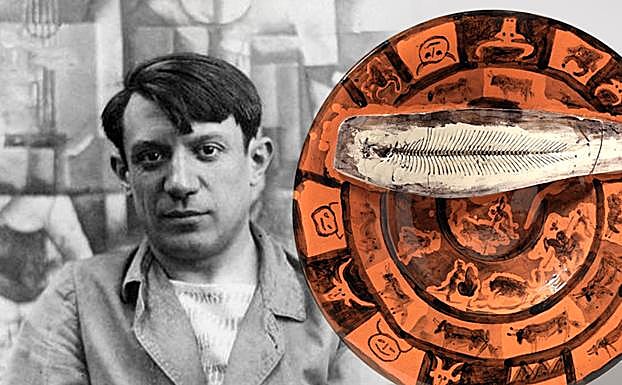 Pablo Picasso en 1912 (Wikimedia CC PD) y plato con raspa de pescado, 1957.