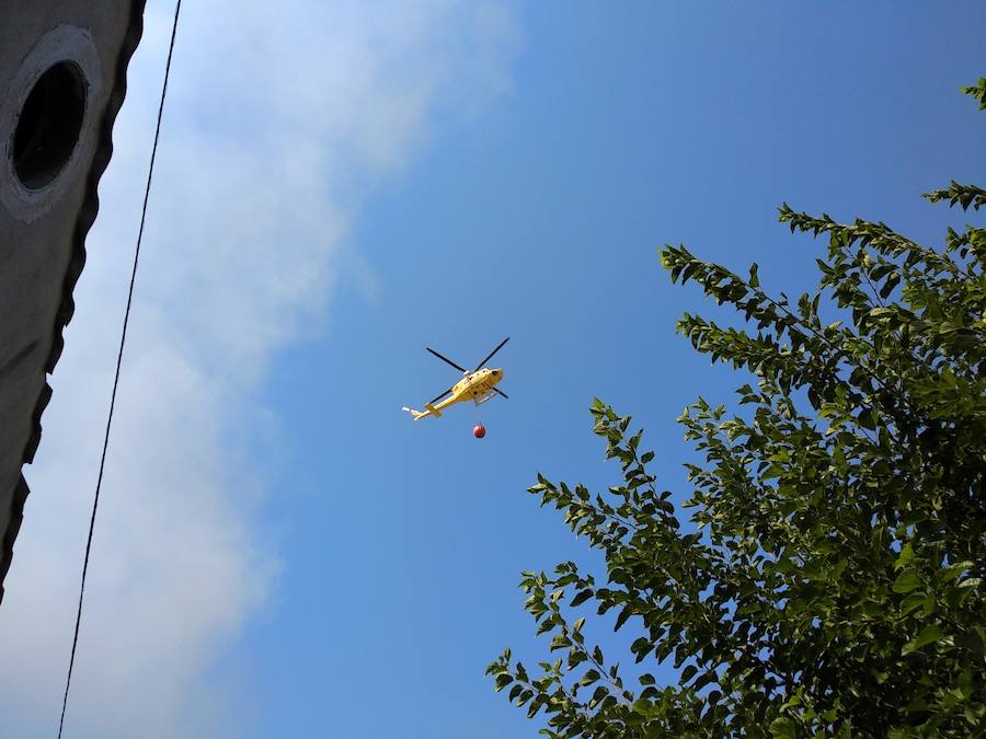 Diversos medios terrestres y aéreos trabajan este viernes contra un incendio declarado en una zona de matorrales tras las cocheras de Latbus