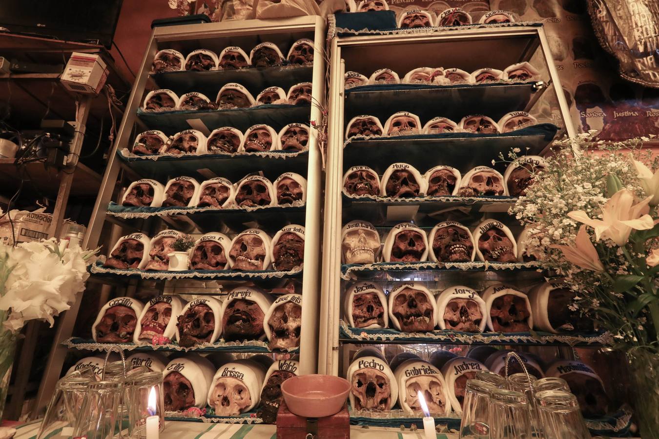 Ciudadanos bolivianos exponen «ñatitas», calaveras humanas, durante la fiesta de las «ñatitas», en La Paz (Bolivia). Las celebraciones en conmemoración de los muertos que comenzaron el pasado 1 de noviembre, acaban con una peculiar fiesta dedicada a las «ñatitas», a las que se les atribuyen capacidades protectoras. 